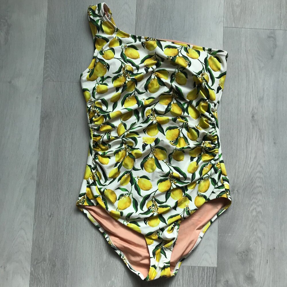 J CREW WOMENS SWIMSUIT LIMONCELLO YELLOW LEMONS GRAPHIC ONE SHOULDER WOMENS 10 - Picture 2 of 10